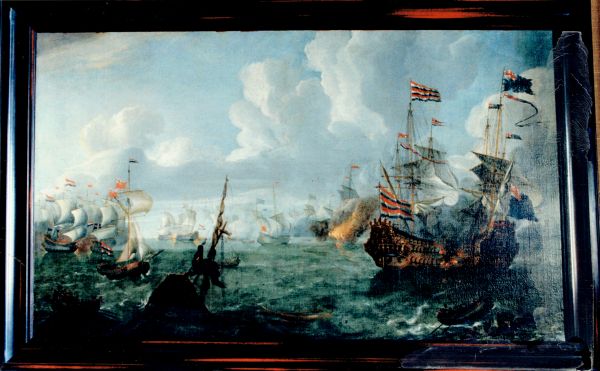 Schilderij uit de raadszaal van het Arnemuidse Stadhuis van een zeegevecht tussen Nederlandse en Engelse schepen in de 17e eeuw. Dit schilderij is in december 1803 ten behoeve van de raadkamer voor enkele rijksdaalders aangekocht.