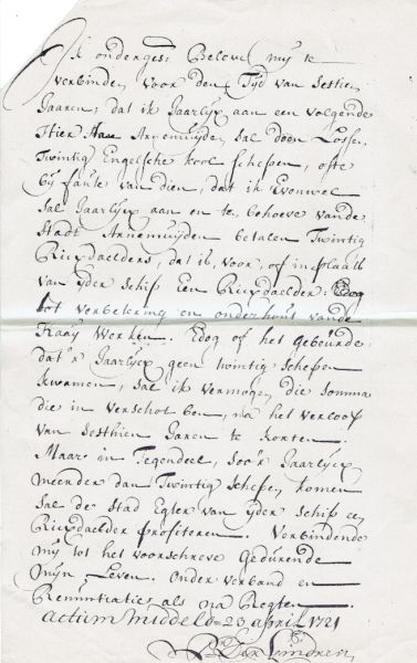 De brief van de kolenhandelaar Pieter der Kinderen waarin hij zich verbindt jaarlijks twintig Engelse koolschepen te Arnemuiden te lossen.