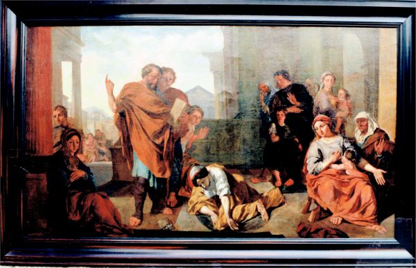 Schilderij uit de raadszaal van het Arnemuidse stadhuis (nu het Museum), voorstellende de dood van Ananias en Saphira (Handelingen 5:1-10).