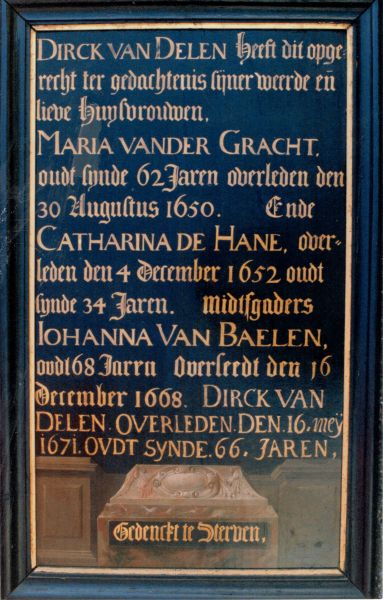 Houten bord met vergulde letters van de vroegere burgemeester en vermaarde kunstschilder Dirck van Deelen. Dit bord prijkte ruim drie eeuwen in de raadszaal van de Arnemuidse stadhuizen.