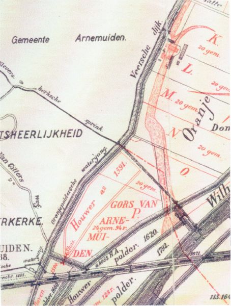 Op deze situatietekening zijn de inpolderingen ten oosten van Arnemuiden en vooral de ligging van de Wilhelminapolder en Clasinapolder te zien. 