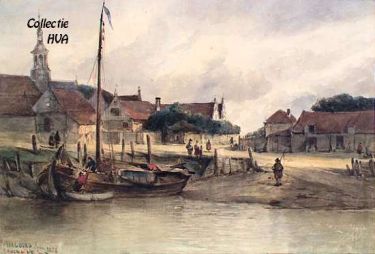 Arnemuiden in 1855 naar een acquarel van A. Waldorp. Duidelijk is de vervallen toestand waar te nemen.