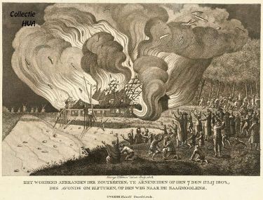 De brand in de zoutketen. Van de brand in de zoutketen maakte George Kockers te Middelburg, juwelier, goudsmid en graveur, gedurende 1792-1799 aan de Munt van Zeeland verbonden als medewerker van de stempelsnijder J.M. Holtzhey, deze kopergravure.