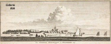 Een prachtige inkttekening van C. Pronk van Arnemuyden op het Eyland Walcheren aan het vaarwater in 1745.