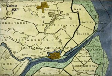 De stad Arnemuiden in de 18e eeuw aan het vaarwater naar het Sloe, genaamd het Arnemuidse Canaal of ook wel het Arnemuidse Gat.