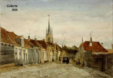 De nieuw gebouwde kerk met toren naar een acquarel van Bakhuijzen in de oorspronkelijke vorm met de vier hoektorentjes.