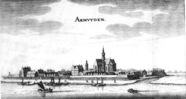 Gezicht vanaf het Nieuwland op Arnemuiden eind 17e eeuw. Duidelijk waarneembaar zijn de wallen en bastions, de Veerse Poort, het Stadhuis en het tolhuis.