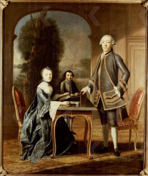 De ambachtsheer Mr. Daniël Radermacher (1722-1803) met zijn eerste vrouw Suzanna Boogaert van Alblasserdam en zijn oudste zoon Samuel. Dit portret dateert van 1772. Vele malen schonk de ambachtsheer ruime giften aan de verarmde stad Arnemuiden. Hij stamde uit een rijk Middelburgs koopmansgeslacht en was ook een groot muziekliefhebber. Hij woonde op de buitenplaats Poppenroedeambacht.