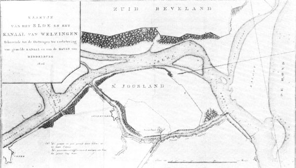 Kaartje van Arnemuiden, het vaarwater naar het Sloe en het Kanaal van Welzingen in 1806.