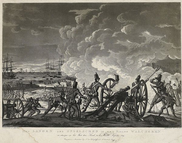 De landing van de Engelsen bij Breezand op Walcheren op 30 juli 1809. De volgende dag wordt Arnemuiden door de Engelse militairen bezet en de kerk als kazerne en het stadhuis als hospitaal in gebruik genomen.