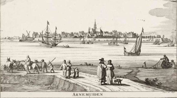 Gezicht op Arnemuiden in het jaar 1745. Hierop is het veer vanaf de Nieuwlandse wal met de wachtende passagiers goed te zien.
