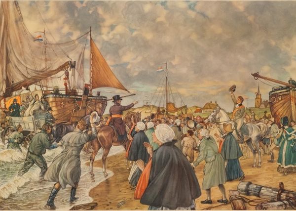 De Prins van Oranje, de latere Koning Willem I, zet voet aan wal op het strand van Scheveningen.