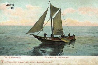 De ARM 5 van schipper Marien van Belzen komt de haven van Vlissngen binnen (omstreeks 1900).
