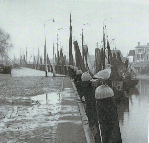 In de ijzige wintermaanden ligt de Arnemuidse vloot in ruste in de haven van Veere. (Uit collectie Jhr. W.L. den Beer Poortugael, Veere).