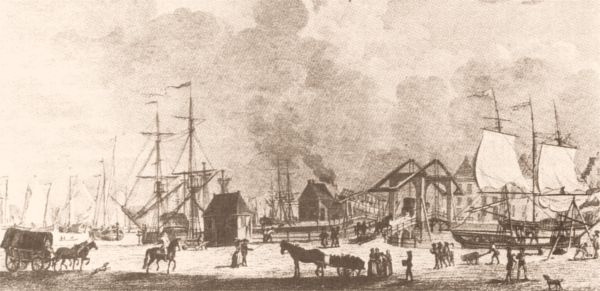 Bedrijvigheid op de Middelburgse kade in 1802. Links binnen- en zeeschepen, rechts op de achtergrond aan de kade een statenjacht. Op de voorgrond het lossen van een brigantijn. 