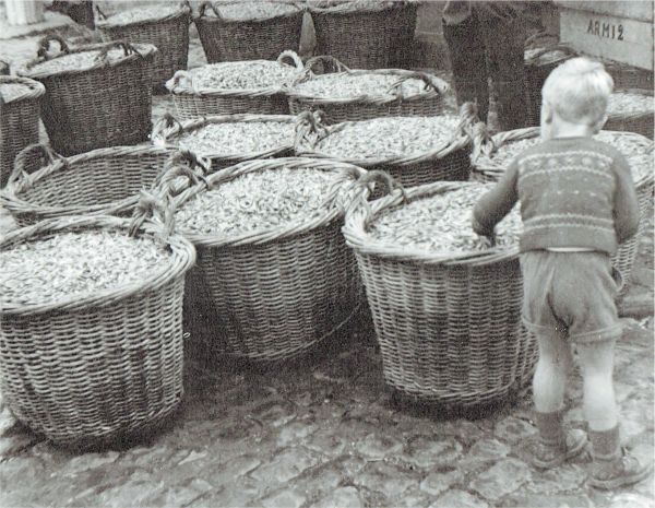 Manden vol garnalen op de kade van Veere. (Uit collectie Jhr W.L. den Beer Poortugael, Veere).